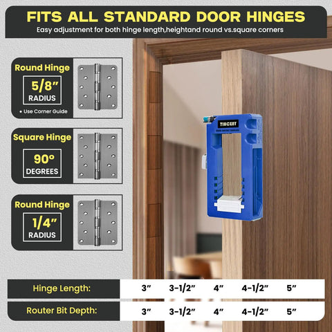 Blue Door Hinge Jig Router Template for quick DIY installations on door, 3 to 5 inch hinges, square or round mortises, easy setup.