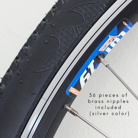 Close-up of bike wheel with European Made 14G Stainless Steel Bike Spokes 36 Pack With Brass Nipples J Bend kit installed.