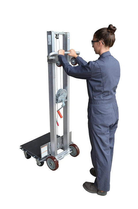 Premium Aluminum Manual Load Lift With Hand Crank Winch And Smooth Rollin Swivel Casters 24 By 20 Inch Platform in use.