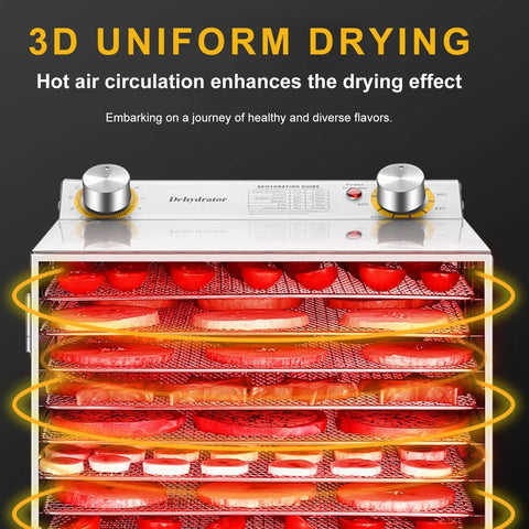 Backyard BBQ Pro Style Electric Food Dehydrator With 18 Spacious Stainless Trays displaying 3D uniform drying of fruits.