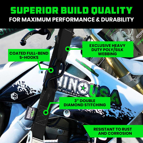 Two Pack Motorcycle Tie Down Straps With 2200 Pound Break Strength Steel Cam Buckles Integrated Soft Loops And S Hook Keeper Clip Heavy Duty Cam Lock Diamond Teeth For Maximum Security Built To Last American Owned on bike
