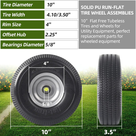 Beefy 10 Inch Solid Wheel Replacement Kit With Flat Free PU Run Flat Tire, showing dimensions and wheel structure details.