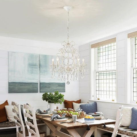 Five Light Crystal Candle Chandelier With Adjustable Chain And E12 Base For Bedroom Hallway Rustic White Ceiling Fixture in dining area.