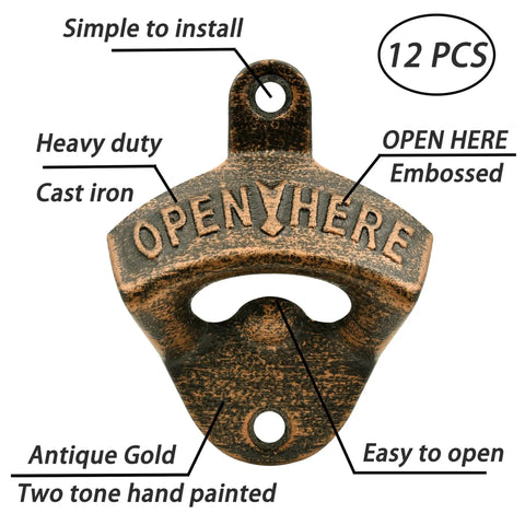 Badass Vintage Cast Iron Beer Bottle Openers Wall Mounted Set Of Twelve Post Style Bar Accessory For Man Cave Or Garage Antique gold opener detailed view