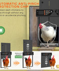 Built Tough Automatic Chicken Coop Door With 4000mAh Battery Solar Powered 7W Solar Panel Timer And Light Sensor Anti Pinch Aluminum Construction Remote Control Wire Clip Black with chicken passing through and anti-pinch feature visible.
