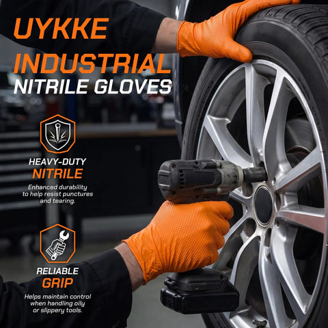Heavy Duty 10 Mil Orange Nitrile Gloves With Raised Diamond Grip, Disposable Latex Free Work Gloves Built Tough For The Daily Grind, Extra Large Fit, 1000 Count used for automotive work.