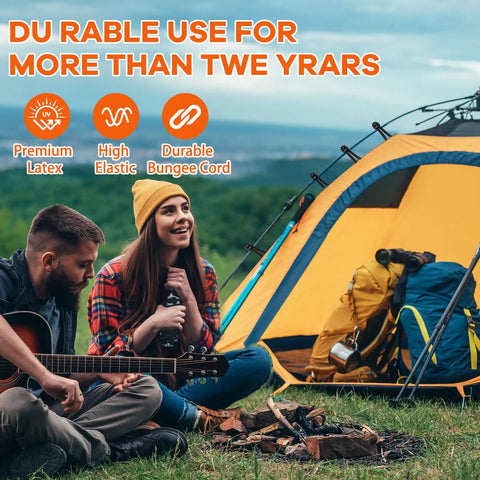 Camping scene with tent and guitar, featuring Beefy 120 Pack Ball Bungee Cords Set With 4 Inch 6 Inch And 9 Inch Ball Ends