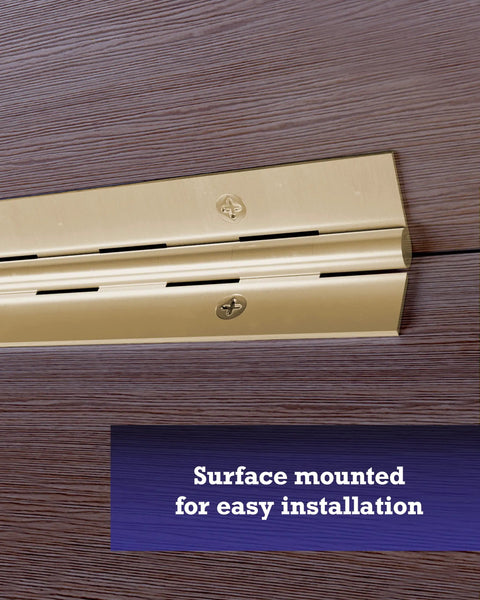 Heavy Duty Continuous Piano Hinge With Polished Brass Finish, 36 inch, surface mounted for easy installation on wood.