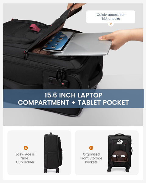 Lightweight Softside Carry On Luggage With 22x9x14 Inches Cabin Size showing laptop compartment and organized pockets.