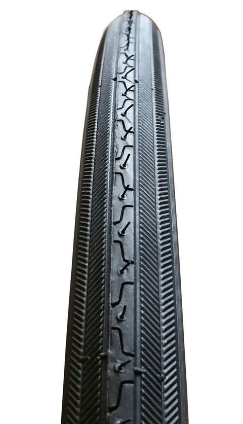 Close-up of black 27x1-1/4 Bike Tire showing tread pattern, part of Tube and Rim Strip Set for 32-630 ISO 630 Wire Bead
