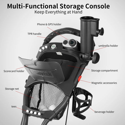 Lightweight Three Wheel Golf Push Cart With No Sweat Fold Design And Rolls Smooth Front Wheel Includes adjustable storage console features.