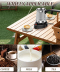 Electric Turkish Coffee Maker 17oz Stainless Steel Pot With Foldable Handle on outdoor table with cups and tea.