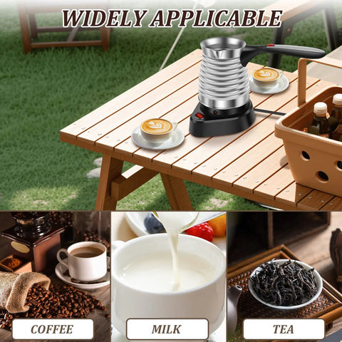Electric Turkish Coffee Maker 17oz Stainless Steel Pot With Foldable Handle on outdoor table with cups and tea.