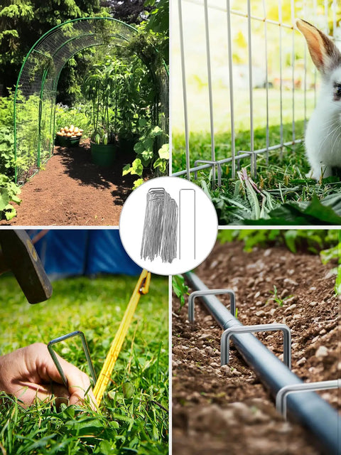 100 Pack Landscape Staples 6 Inch 11 Gauge Beefy Heavy Duty Hot Dip Galvanized Steel Garden Stakes securing different setups