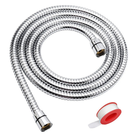 Extra Long 79 Inch Stainless Steel Shower Hose With Brass Insert And Nut, Chrome Finish Flexible Handheld Shower Head Hose For Bathing Kids And Pets, Easy Reach For Hard To Access Areas, shown coiled with plumbing tape