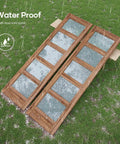 Double 24 By 84 Inch Glass Barn Doors With 48 Inch Width Eight Foot Hardware Kit And Handle Included Five Panel Frosted Glass LVL Wood Panel Waterproof PVC Surface Pre Drilled Holes Easy Assembly laying on wet grass with rain.