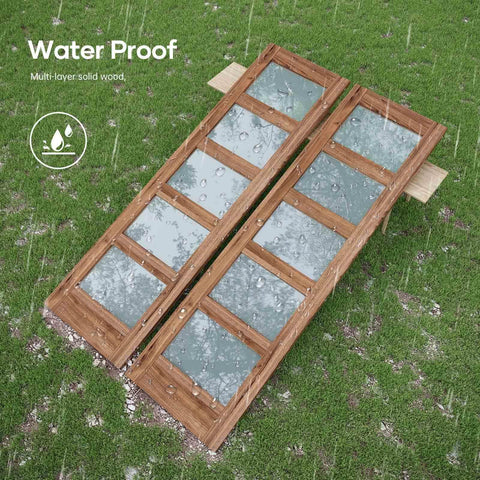 Double 24 By 84 Inch Glass Barn Doors With 48 Inch Width Eight Foot Hardware Kit And Handle Included Five Panel Frosted Glass LVL Wood Panel Waterproof PVC Surface Pre Drilled Holes Easy Assembly laying on wet grass with rain.