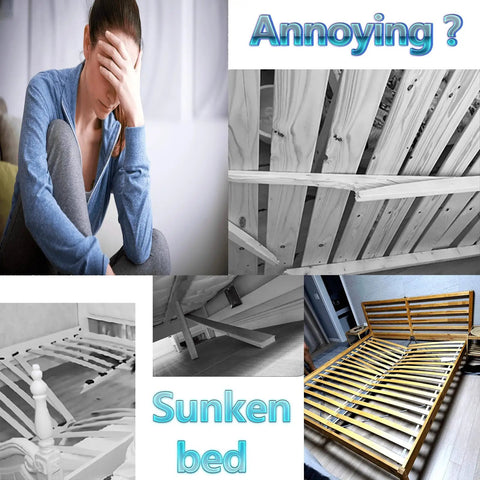 Level Up Your Bed Frame Game With Heavy Duty Adjustable Support Legs That Deliver Solid Slatted Reinforcement And No Sweat Installation For Any Platform Or Wood Base To Keep Your Sleep Setup Locked Down Tight showing various bed instability issues.