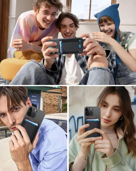 Group enjoying with MagSafe Wallet For iPhone 17 Through 12 Series With 7 Card Slots RFID Blocking Vegan Leather Minimalist Slim Design 4200g Magnetic Hold Case Friendly 1 Slot Black attached to phones.