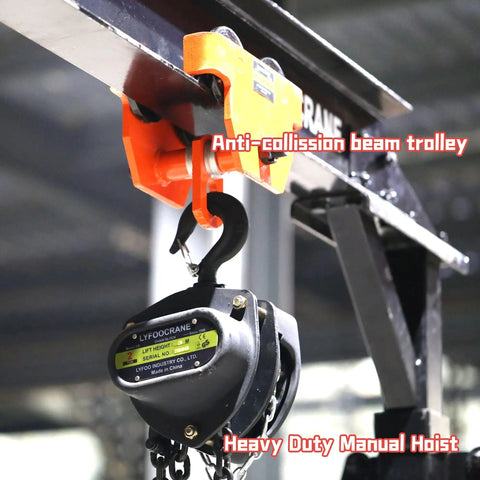 Close-up of the All In One Heavy Duty Gantry Crane Kit For Shop Or Garage, 4000 Lb Rating, showing hoist and anti-collision beam trolley.