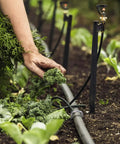 A hand tending to plants in a garden, with irrigation hoses secured by Beefy Galvanized Landscape Staples 4 Inch 12 Gauge Heavy Duty Garden Stakes Pack Of 50 For Fences, Lawns, Weed Barriers, Landscape Fabric, Irrigation Hoses, And Yard Projects.