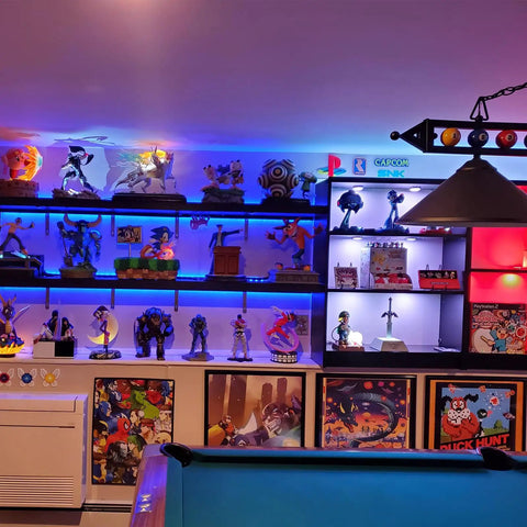 RGB Under Cabinet Lights 8 Pack App Controlled Dope Music Sync Puck Lights illuminate shelves with colorful glow.