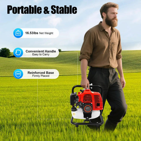 Person carrying Top Shelf Gas Powered Water Pump With Smooth Quick Pull Start And Serious Flow Power for easy transport.