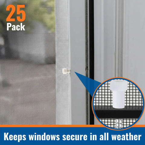 Top Drawer Window Screen Plunger Latches And Metal Pins Quick Swap For Worn Out Screens 5/32 X 1 1/2 Inch White Corrosion Resistant Spring Loaders Fits 1 Inch Frames Heavy Duty Hardware Solid Reliability For DIY Jobs 25 Count Box, showing white metal plunger latch in window screen.