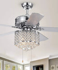 Five Blade 52 Inch Chrome Ceiling Fan With Crystal Chandelier And Three Light Fixtures Reversible Wood Blades ETL Listed Silver Finish