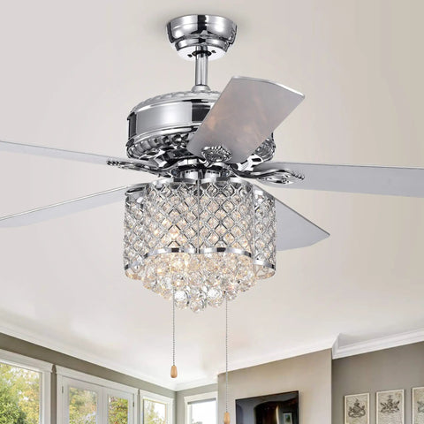 Five Blade 52 Inch Chrome Ceiling Fan With Crystal Chandelier And Three Light Fixtures Reversible Wood Blades ETL Listed Silver Finish