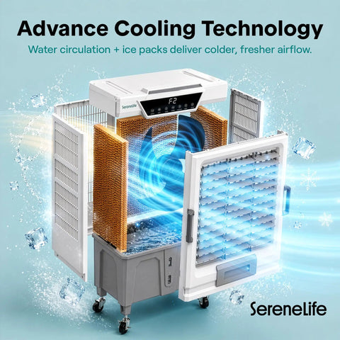 Heavy Duty Portable Evaporative Air Cooler With 12000 CFM Hella Badass Cooling For Large Indoor Outdoor Spaces Sweet Chill With 12 Hour Timer Smart App Remote Control showcasing advanced cooling technology.