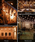Collage of 50ft outdoor string lights with 52 G40 bulbs illuminating patio, wedding venue, house, and restaurant at night.