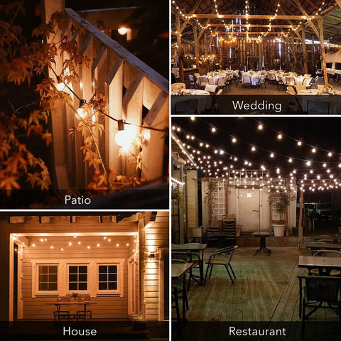 100 Ft Outdoor String Lights With 102 G40 Bulbs Warm White 2200K Incandescent, Dimmable, IP44 Waterproof, Black Wire in various settings