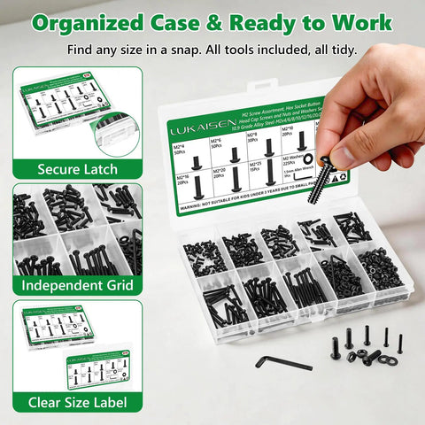 Heavy Duty M2 Screw Assortment Kit 676 Pieces organized in a clear plastic case with a secure latch and labeled compartments.