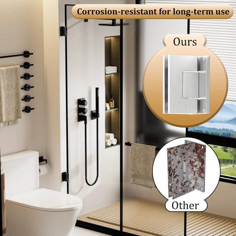 Heavy Duty Brushed Nickel Glass Shower Door Hinges For 90 Degree Corner Mount with corrosion-resistant feature comparison in shower.