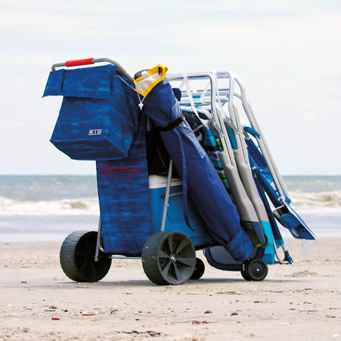 All-Terrain Foldable Beach And Utility Cart With 10 Inch Wheels, Holds 48 Quart Cooler And Four Chairs, on sandy beach