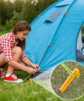 Heavy Duty 9 Inch Plastic Tent Stakes 10 Pack anchoring a blue tent on grass with close-up of ABS stake in use.
