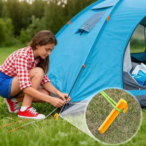 Heavy Duty 9 Inch Plastic Tent Stakes 10 Pack anchoring a blue tent on grass with close-up of ABS stake in use.