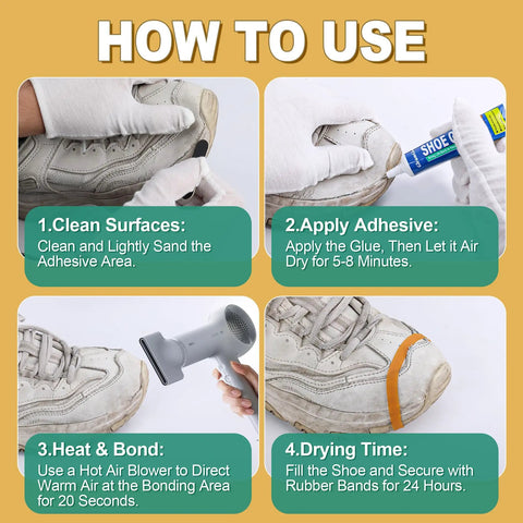 How to use Pro Grade Flexible Shoe Repair Adhesive 20 Ml 2 Pack on sneakers in four steps.