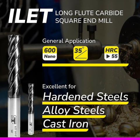 Image of Micrograin Carbide Square End Mill With Long Flute For Three Eighths Inch Diameter One And A Half Inch Flute Length Four Inch Overall Length Four Flutes Ideal For Alloy Steels Hardened Steel And Cast Iron Metalworking Bits, shown in packaging with product specifications.