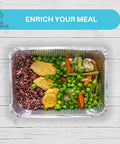 Disposable Aluminum Pans With Lids 50 Pack, filled with mixed vegetables and chicken cutlets, top view.