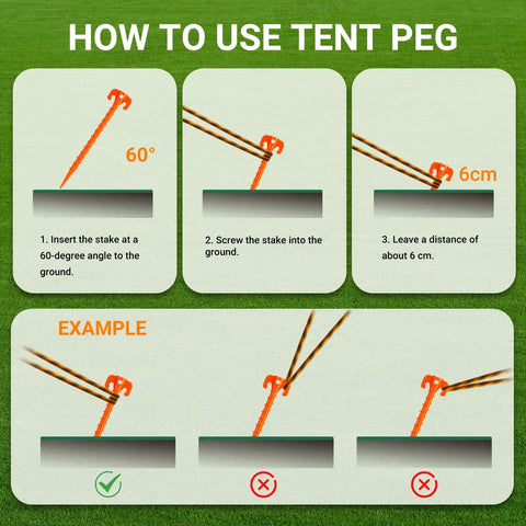 How to use Hold It Down Easy 15 Pack Plastic Spiral Tent Stakes at 60-degree angle for secure installation.