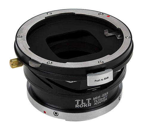 TLT RokR Tilt Shift Lens Mount Adapter For Mamiya 645 MF Lenses To Canon EOS RF Mount Mirrorless Cameras With Infinity Focus 20mm Shift 10 Degree Tilt 360 Degree Rotation Pro Grade Build, black metal adapter