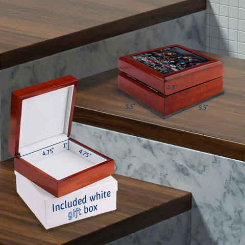 Premium Maple Wood Jewelry Box Featuring A Straight Up Killer Dhaka Rickshaw Street Scene On A Shiny Ceramic Tile Plus Extra Soft Velvet Lining For Your Big Time Treasures, dimensions 5.5 x 5.5 x 2.5 inches.