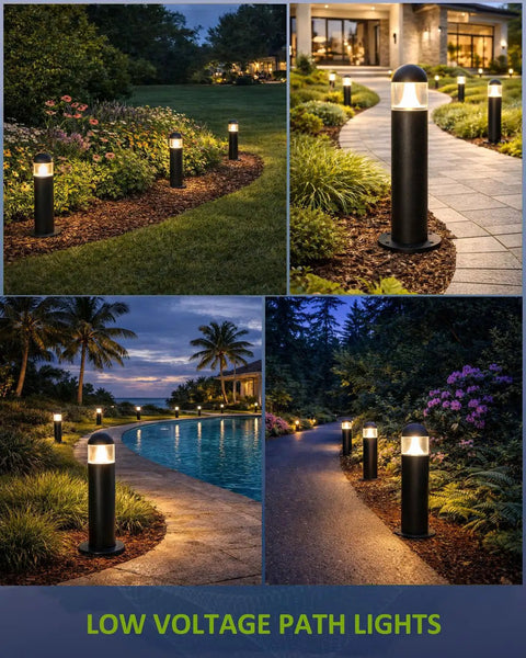Outdoor setting with 12V LED Landscape Pathway Lights 6 Pack Low Voltage Bollard Style Walkway Driveway Lighting IP67 Waterproof