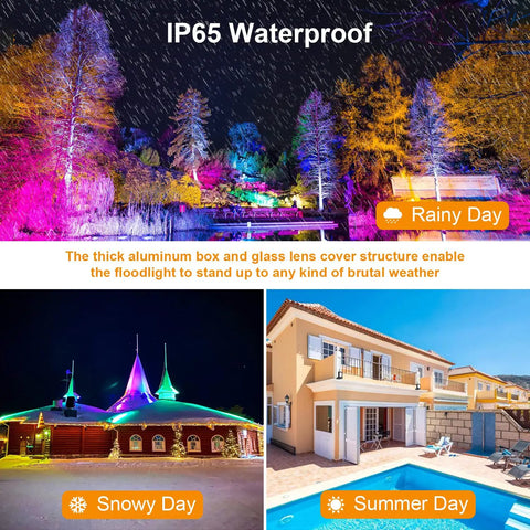 4 Pack Smart LED Flood Lights 20W RGBCW Color Changing Outdoor Flood Lights 2700K To 6500K IP65 Waterproof in various weather conditions
