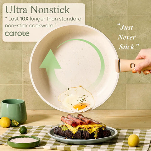 Detachable Handle Nonstick Cookware Set 19 Piece Induction Compatible Pots And Pans Oven Safe with fried egg demonstration