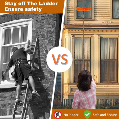 Comparison of traditional ladder cleaning and All in One Window Cleaning Kit With Twenty Foot Reach Squeegee Duster and Rotatable Pole