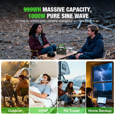 Collage showing use of Power Up Anywhere With A 1000W Portable Power Station Featuring 999Wh Battery And Pure Sine Wave Inverter.