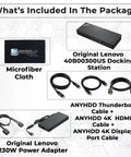 Badass Thunderbolt 4 Docking Station Bundle With Strong 300W Adapter For Zero Stress 4K Dual Screen Setup Plug And Play Usb C Displayport Hdmi Cable Kit Plus Microfiber Rag For Your Pro Moves package including docking station, cables, and microfiber cloth.